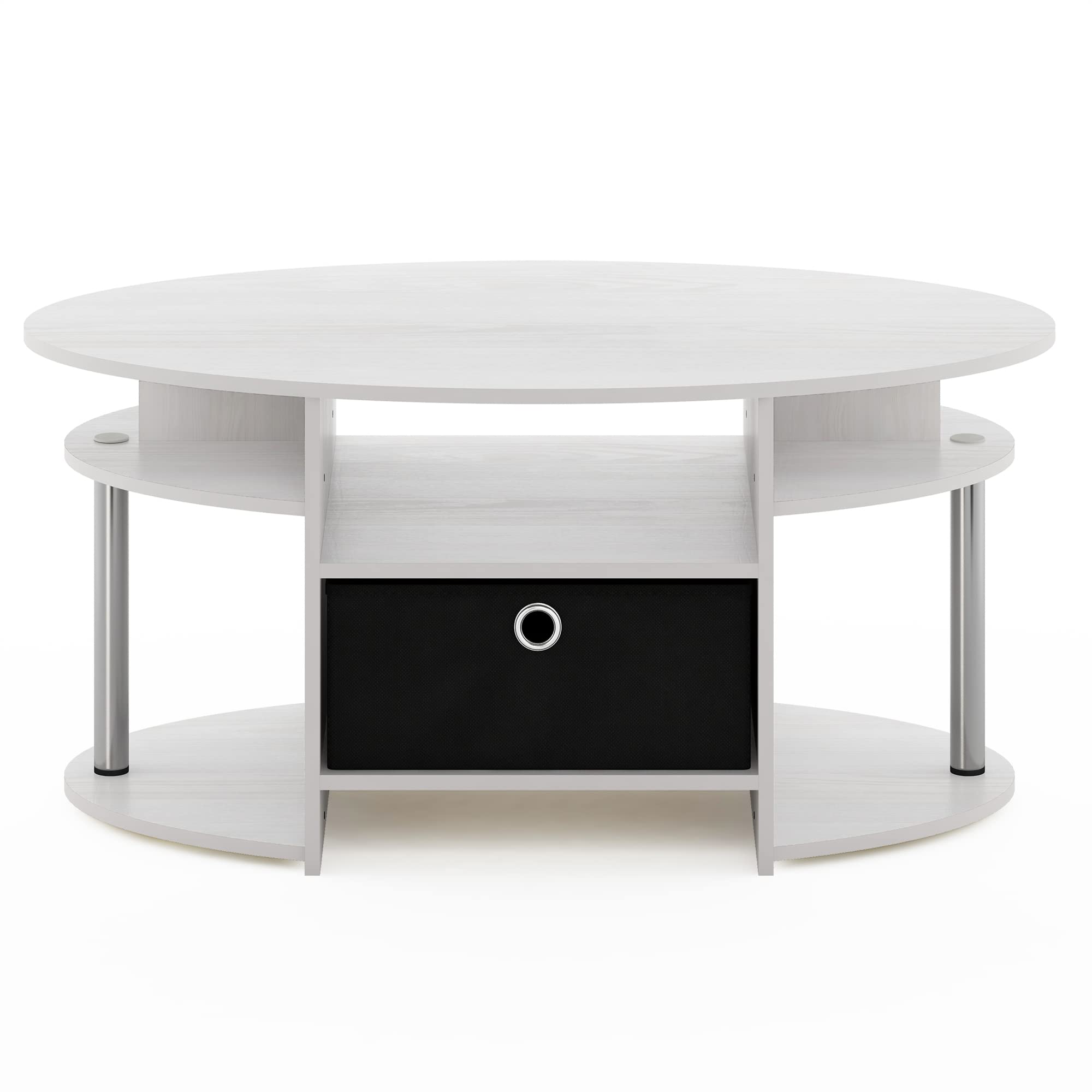 Furinno Jaya Simple Design Oval Coffee Table With Bin For Living Room, White Oak/Chrome/Black