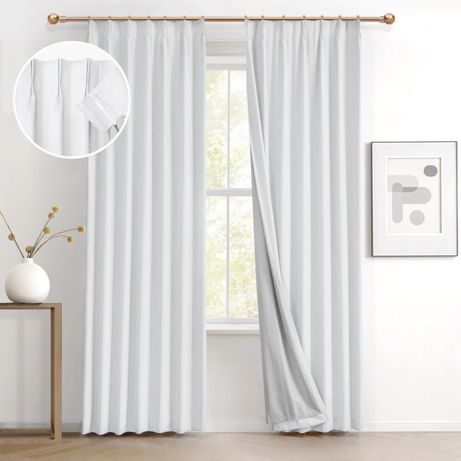 Ivapupu White Linen Blended Pinch Pleated Blackout Curtains Two Panels Black Out Window Curtains 63 Inch For Living Room Bedroom