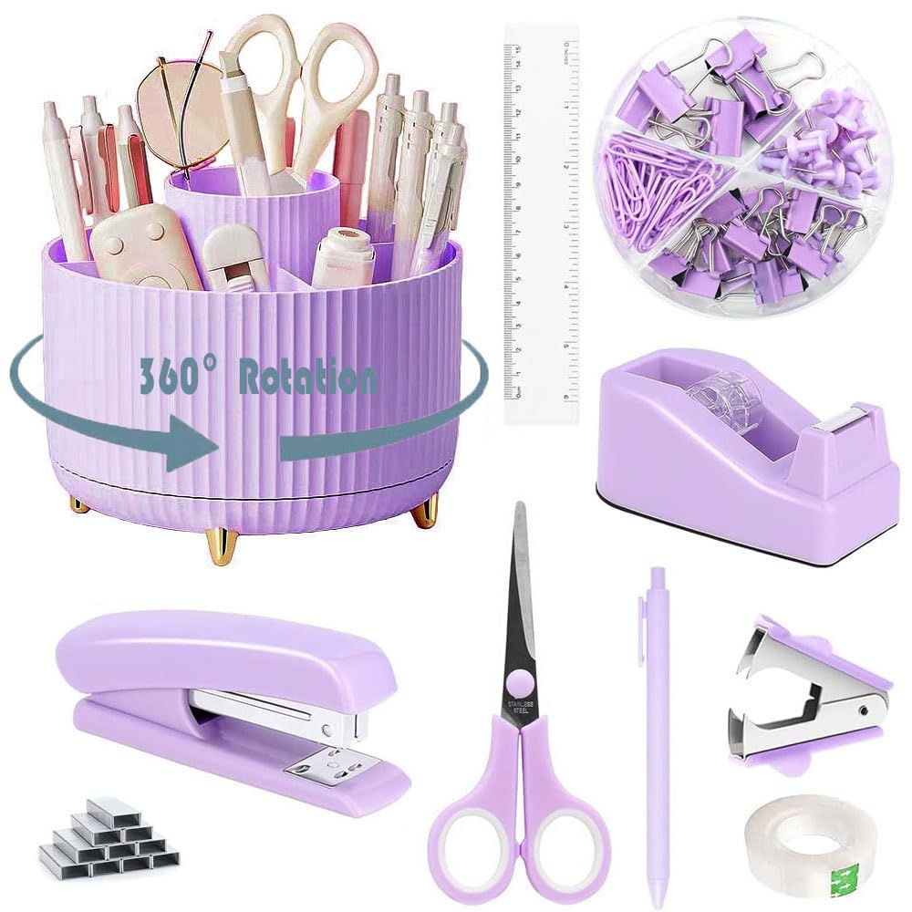Gawsey Purple Desk Organizers And Accessories 10Pcs Set With 360-Degree Rotating Pen Holder, Tape Dispenser, Stapler, Staple Rem