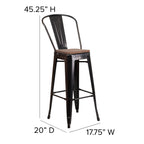 Flash Furniture Lily 30" High Black-Antique Gold Metal Barstool with Back and Wood Seat