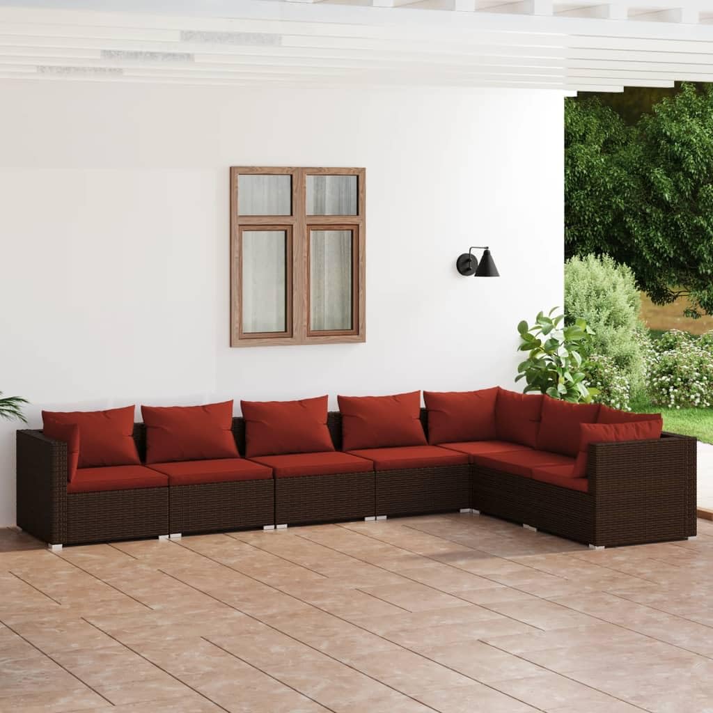 vidaXL 7-Piece Outdoor Patio Lounge Set - Modular Design - Waterproof PE Rattan Material - Weather-Resistant Powder-Coated Steel Frame - Brown & Cinnamon Red - Sturdy & Contemporary with Comfortab...