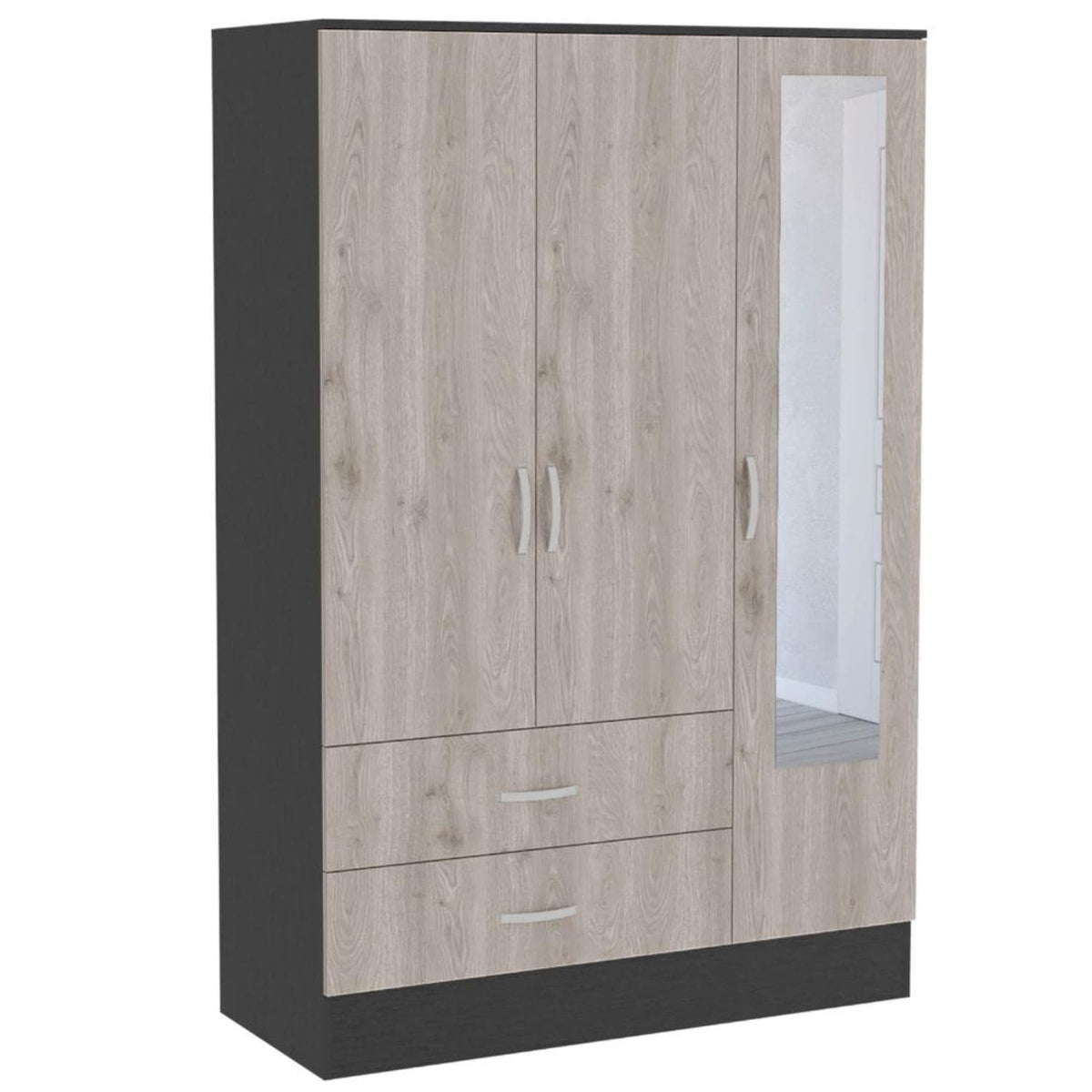 Gangi 120 Mirrored Armoire, Double Door Cabinet, 2 Drawers, Metal Hardware, Rods, 4 Shelves, Black/Light Gray