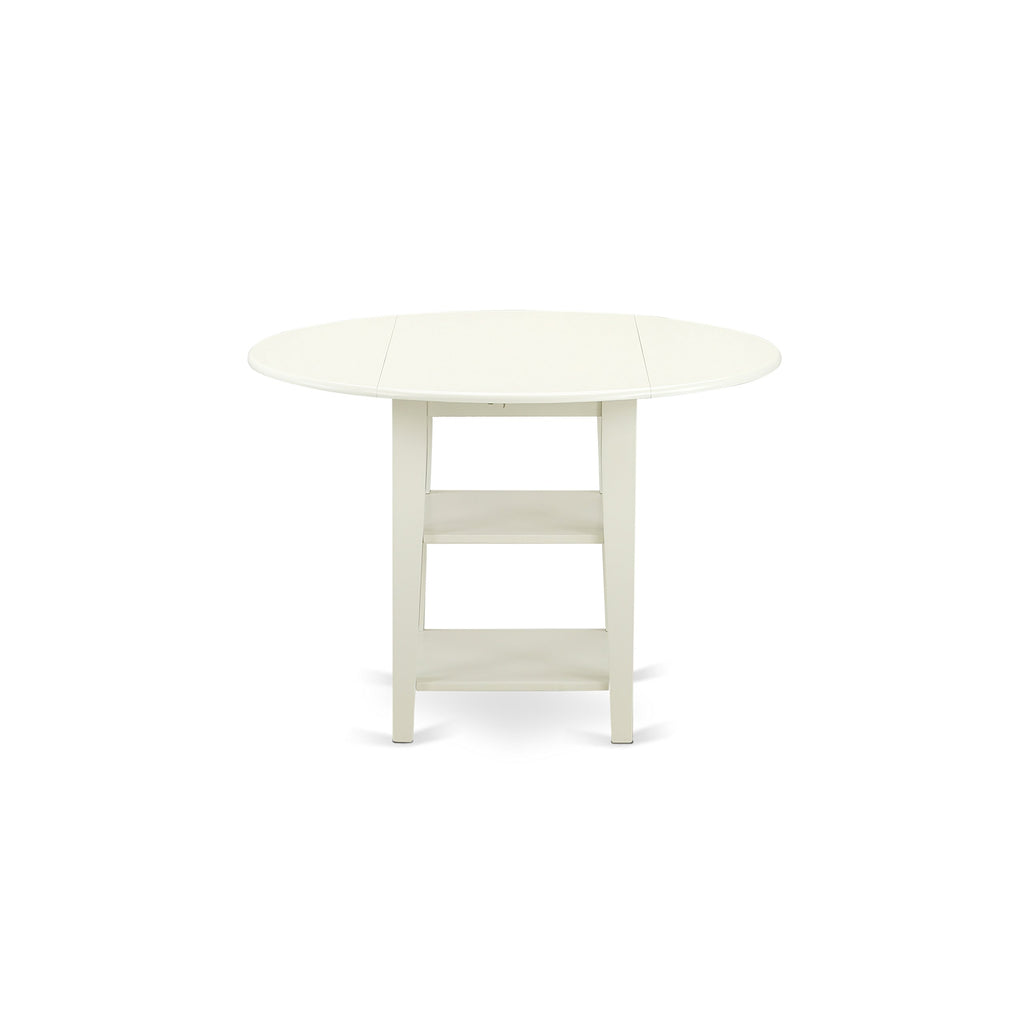 East West Furniture SUT-LWH-T Sudbury Modern Dining Table - a Round Kitchen Table Top with Dropleaf & 2 shelves, 42x42 Inch, Linen White