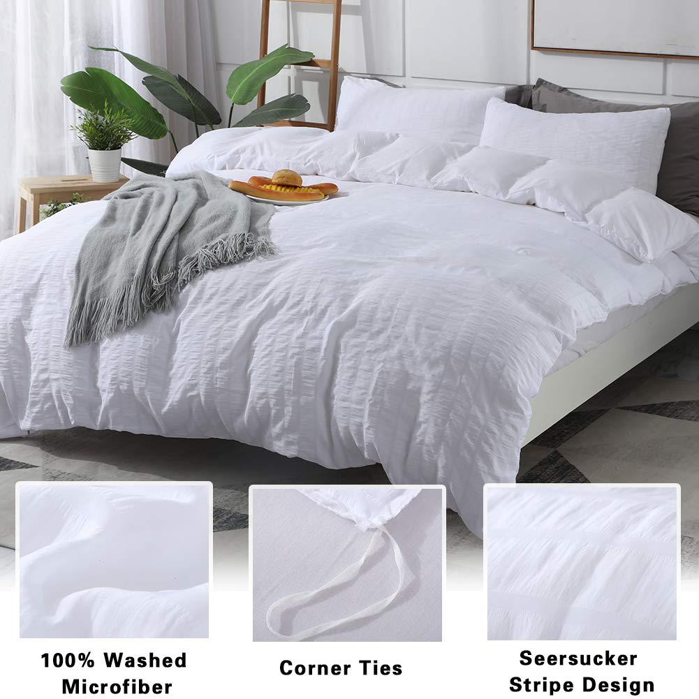 Avelom White Duvet Cover Queen (90 X 90 Inches), 3 Pieces (1 Duvet Cover + 2 Pillow Cases) Stripe Zipper Closure Corner Ties Soft Washed Microfiber Duvet Cover For Men, Women
