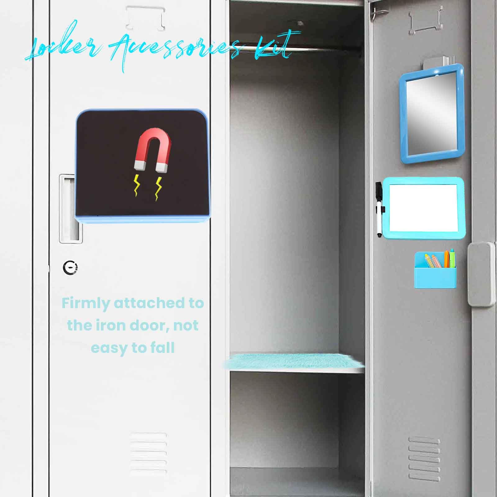 S-Snail-Oo Locker Accessories Kit, Magnetic Locker 5×7' Mirror Whiteboard With Marker&12' Mini Rug, Blue Locker Organizer Kit For Girls School Office Gym Accessories Coat Lockers