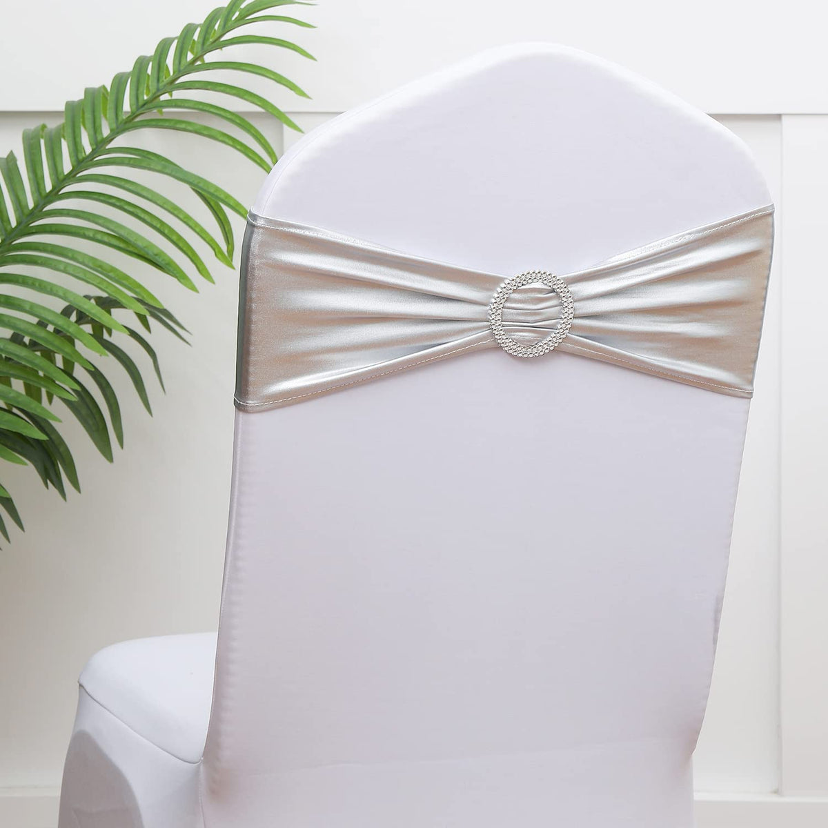Gankar Set Of 100 Wedding Decorations Elastic Metallic Silver Chair Sashes Bands Buckles, Spandex Chair Bows For Party Reception