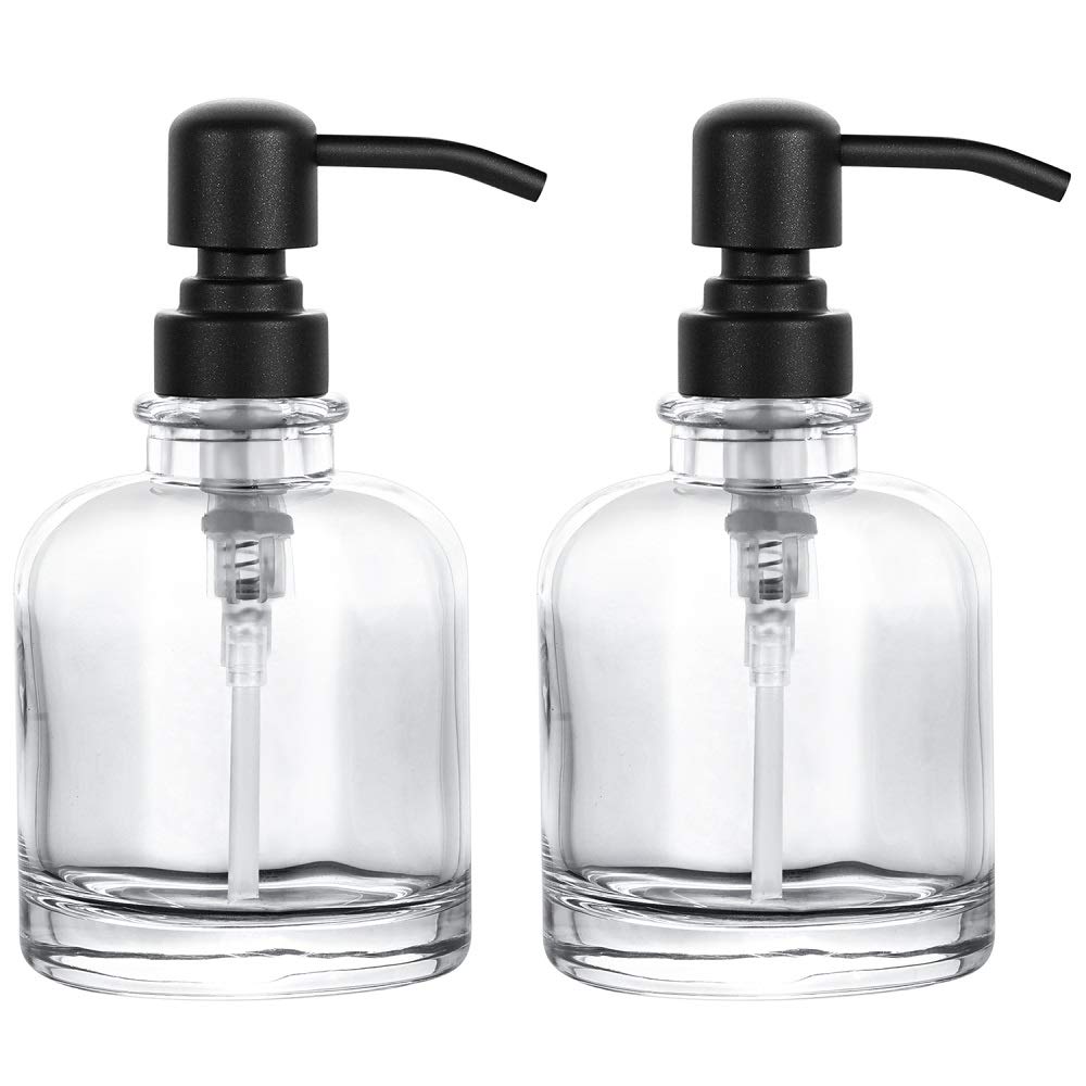 2 Pcs Thick clear glass Jar Hand Soap Dispenser Bathroom with Matte Black Stainless Steel Pump, 12ounce clear Boston Round Bottl