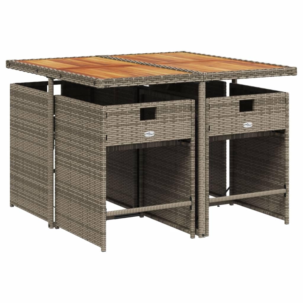 vidaXL Patio Dining Set - 5 Piece Gray Poly Rattan Furniture with Cushions - Foldable Chairs, Acacia Wood Tabletop, Outdoor/Garden/Backyard