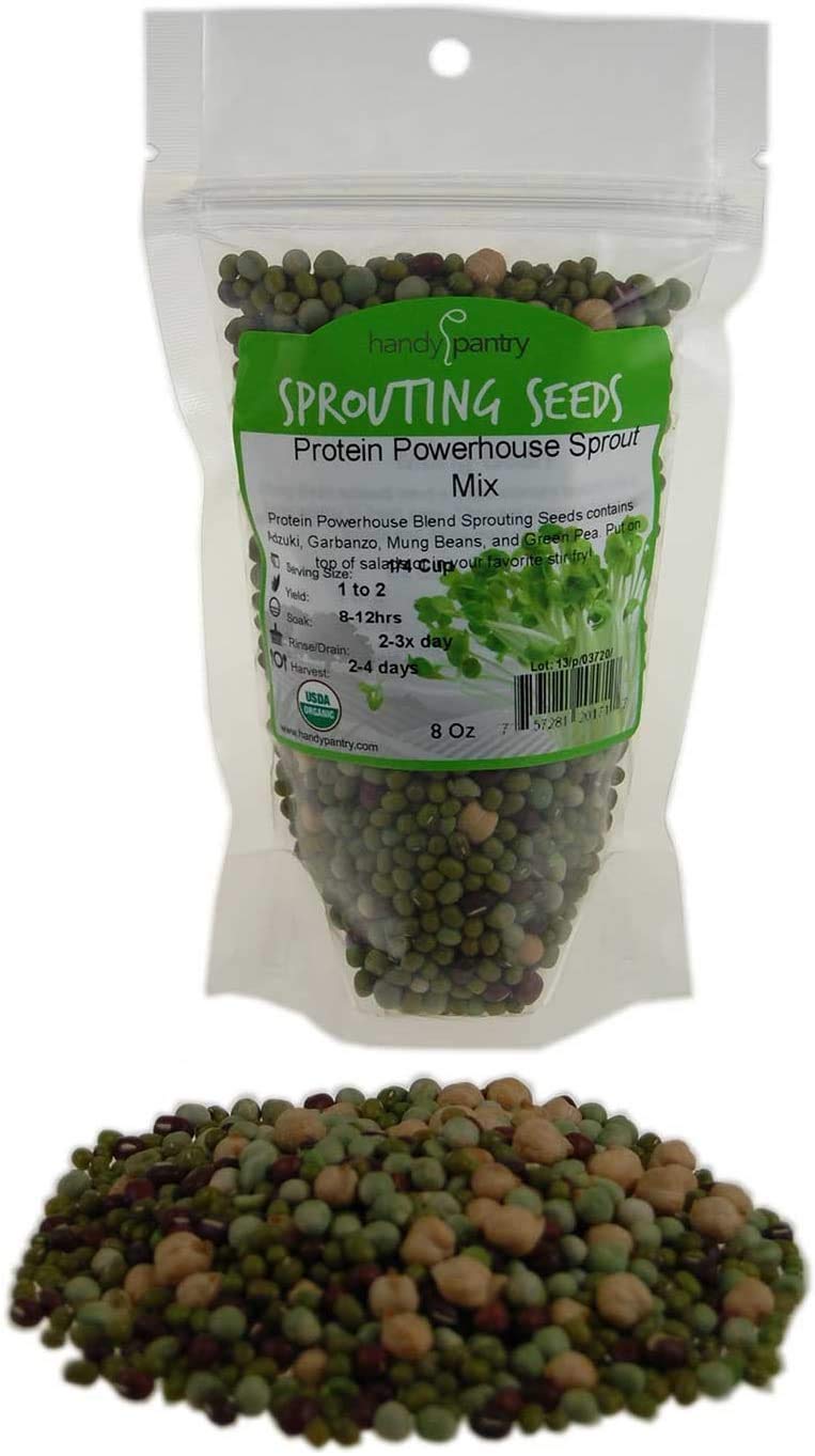 Protein Powerhouse Sprouting Seed Mix: 8 Oz - Organic, Non-Gmo - Sprouting Sprouts, Food Storage. High Protien Sprouts - Pea, Mu