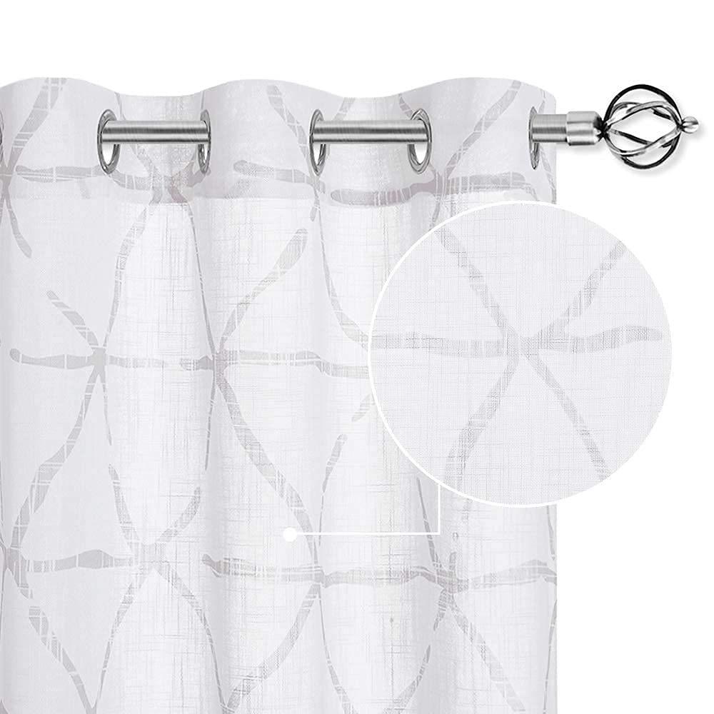 Stangh White Semi Sheer Curtains - Linen Look Sheer Curtain Panels Sketch Triangle Design Privacy Drapes For Living Room/Office/