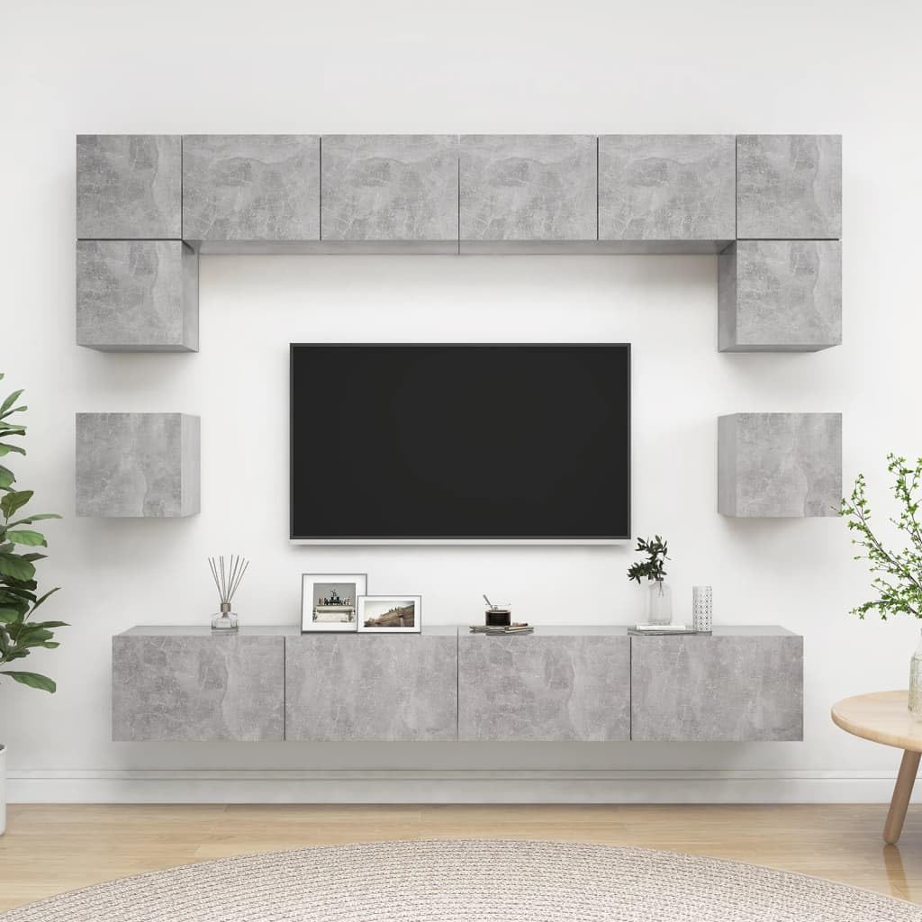 vidaXL TV Cabinet Set 8 Piece Home Indoor Hanging Wall-Mounted Stereo Plasma HiFi Cabinet TV Stand Unit Furniture Concrete Gray Engineered Wood