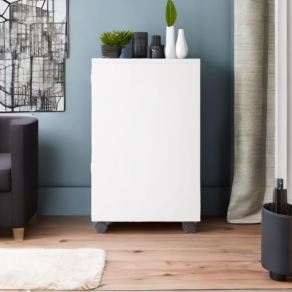 Ergode Contemporary Art & Crafts Storage Cart, White Finish, 4 Easy-Glide Drawers, 2 Lower Cabinets, 6 Wheels with 2 Locking, 15.98' D x 32.13' W x 26.3' H