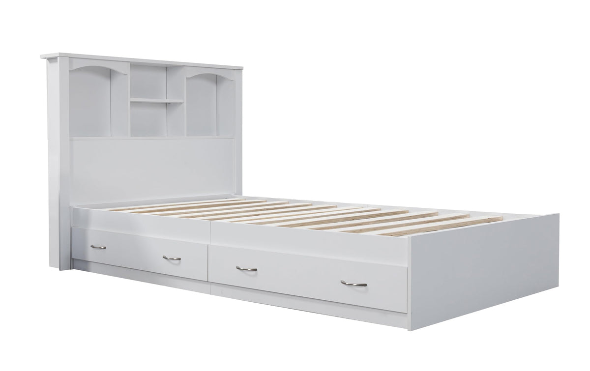 American Furniture Classics Model 6010K Twin Sized Bookcase Headboard And Twin Sized Platform Bed Combo In White