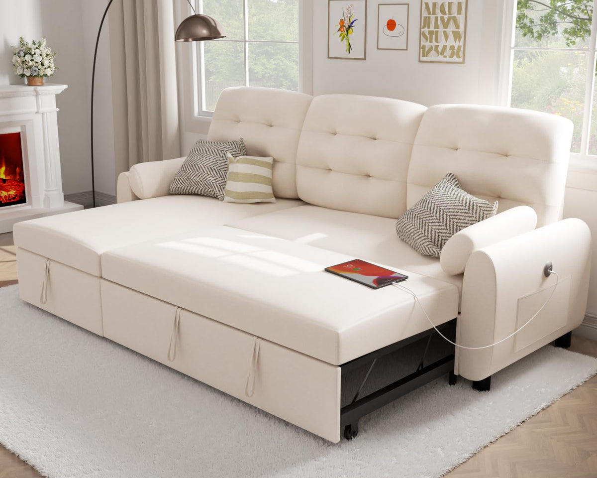 Ucloveria Sectional Sofa Couch, 87' Sleeper Sofa Bed With Reversible Storage Chaise Pull Out Couch For Living Room | Side Pocket | Charging Station | Removable Backrest | Linen Fabric, Beige
