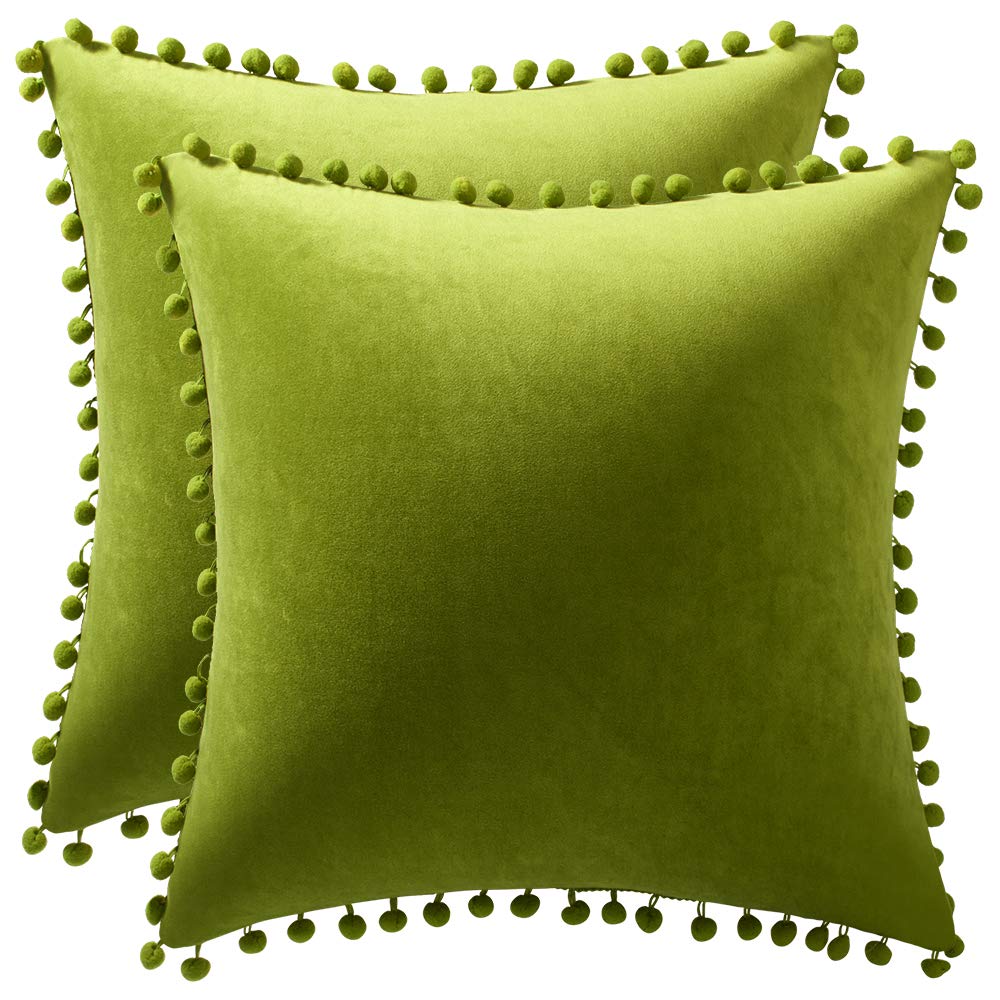 Dezene Couch Pillow Cases 22X22 Chartreuse: 2 Pack Cozy Soft Pom-Poms Velvet Square Throw Pillow Covers For Farmhouse Home Decor