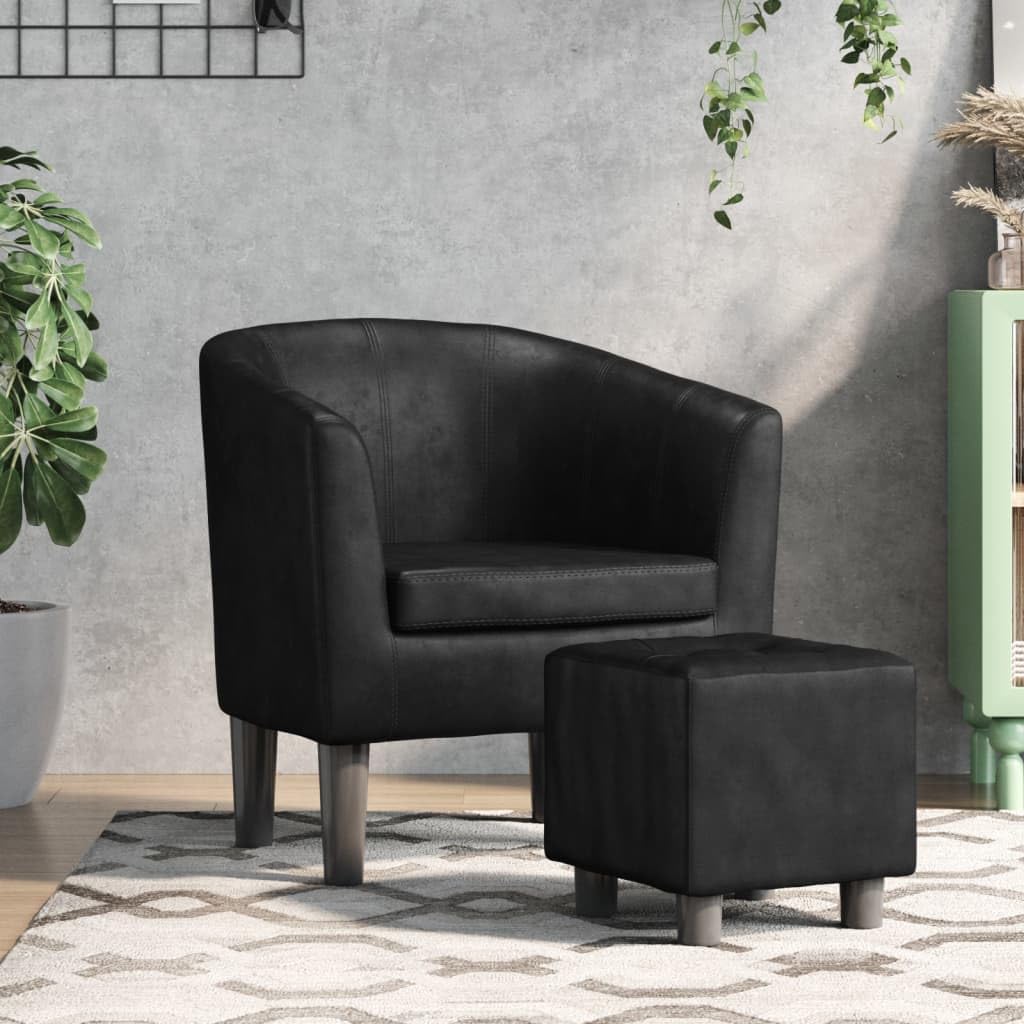 vidaXL Modern Tub Chair with Footstool - Faux Leather Seating for Living Room, Bedroom, Guest Room, or Office - Black