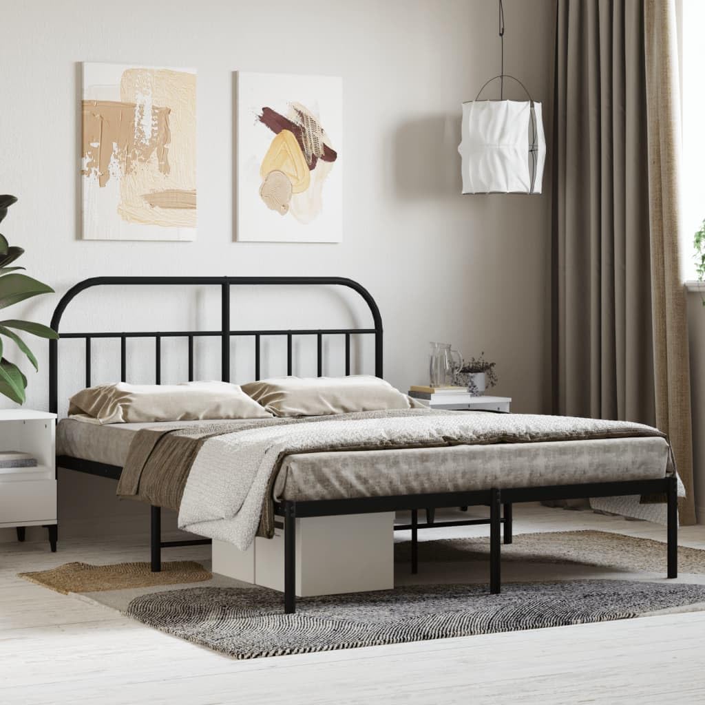 vidaXL Black Metal Bed Frame with Headboard - 53.9"x74.8", Traditional Powder-Coated Steel Construction, with Metal Slats and Center Legs, Extra Under-Bed Storage Space