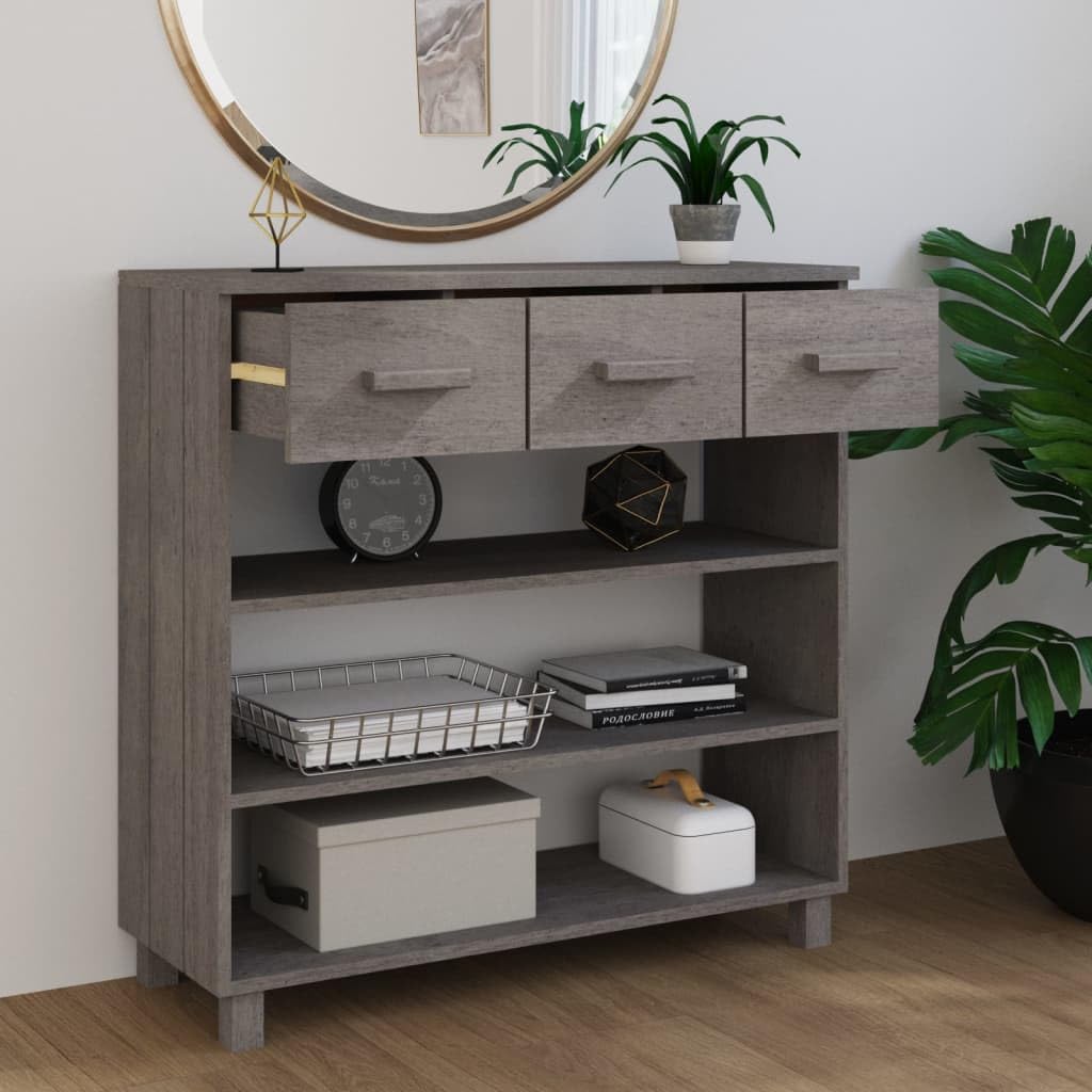 vidaXL Solid Pinewood Console Table HAMAR with Shelves and Drawers, Light Gray - Ideal for Living Room and Hallway