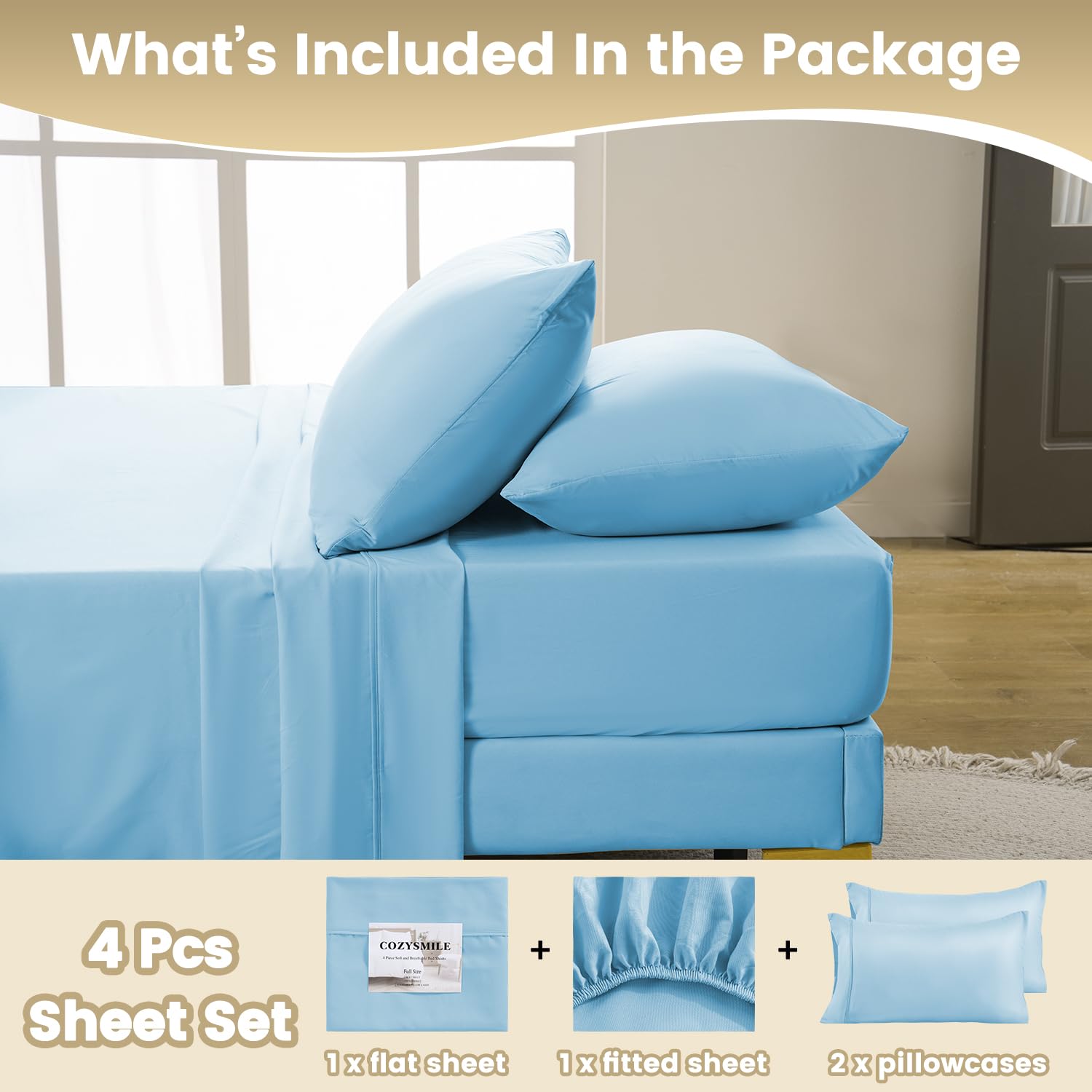 Cozysmile Silky Soft King Sheet Set - Luxury 4 Piece Breathable Cooling Sheets For King Size Bed, 16'' Deep Pocket Easy Care Wri