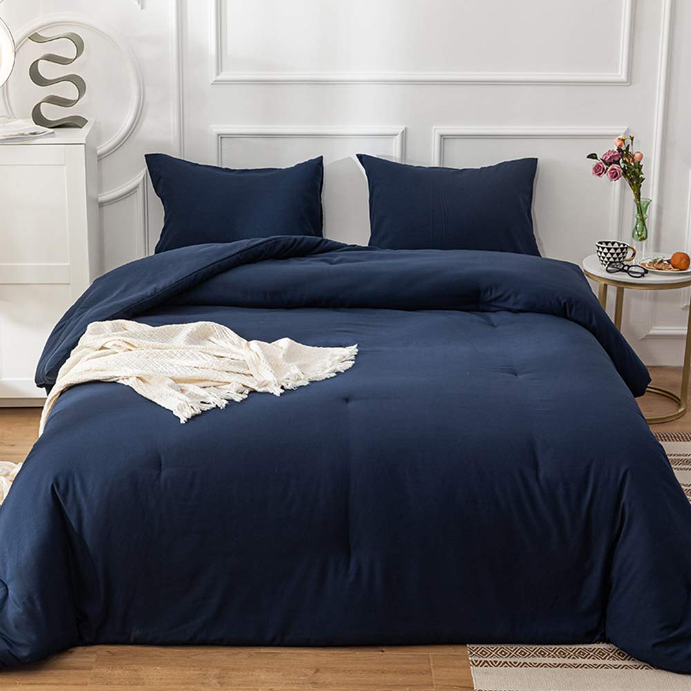 CLOTHKNOW Navy Blue Comforter Set King 3Pcs Dark Blue Bedding Comforter Sets Blue Comforter King Size Soft Blue King Comforter S