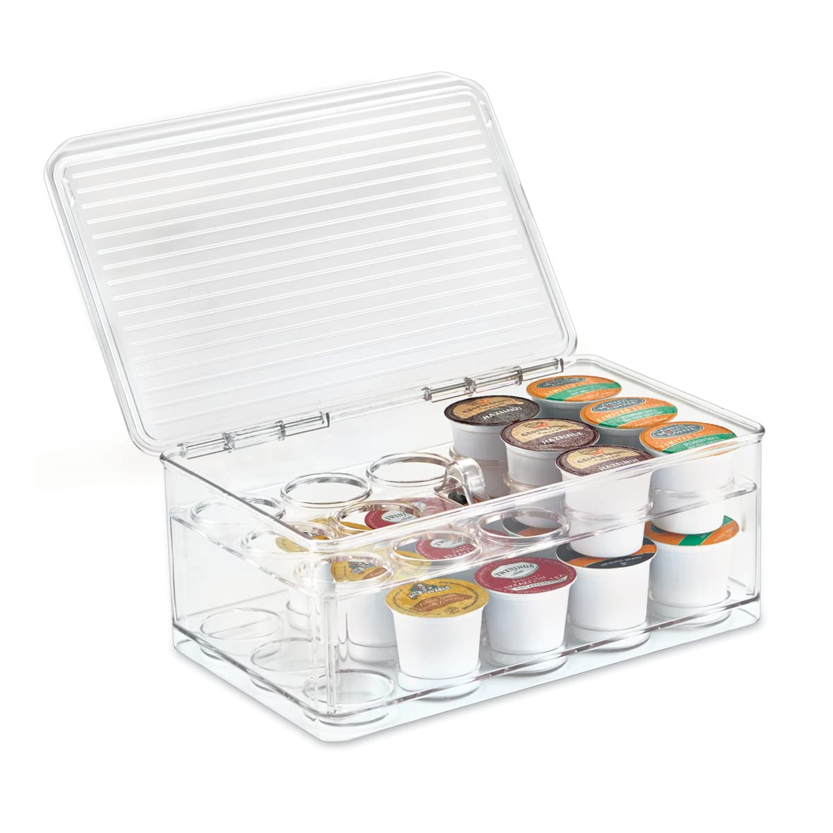 iDesign 2-Tier Coffee Pod Holder Lidded Bin, Plastic Pantry and Kitchen Storage, The Linus Collection - 7.25 x 10.75 x 4.25, Cle