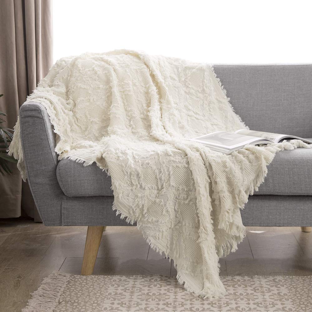 Simple&Opulence 100% Cotton Throw Blanket For Bed, Couch, Boho Textured Geometric Knit Woven Blanket With Tassels Soft, Lightwei
