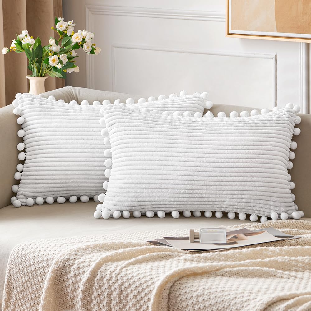 ANRODUO Pack of 2 White Christmas Boho Decorative Pillow Covers with Pom-poms 12x20 Pillow Cover Corduroy Cushion Case Cute and 
