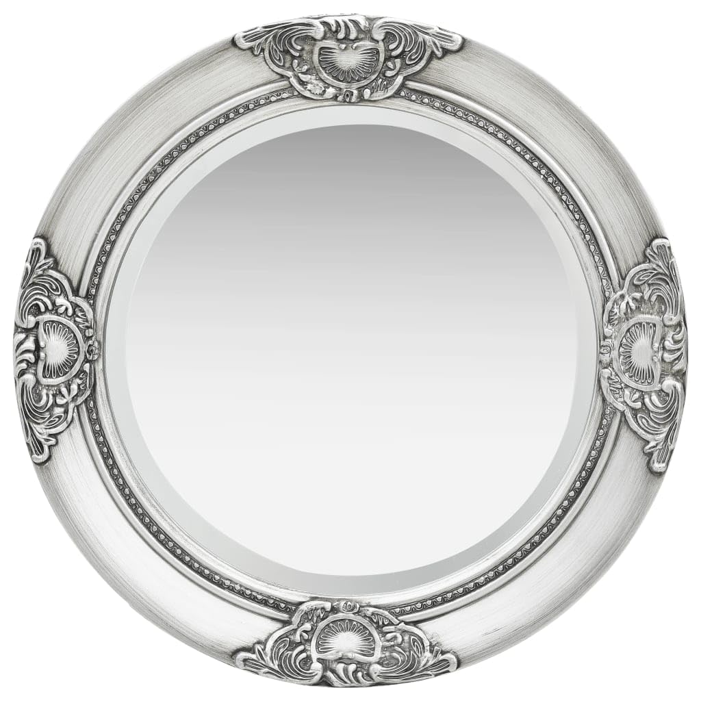 vidaXL 19.7&quot; Round Wall Mirror with Baroque Style Wooden Frame, Silver - Antique-Look Bathroom/Dressing Room Decorative Mirror, Easy-to-Mount
