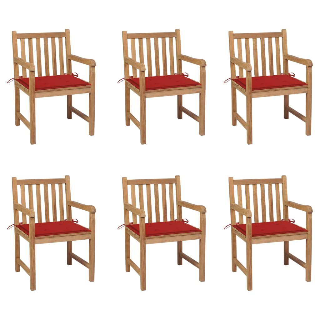 Vidaxl Solid Teak Wood Patio Chairs - Set Of Six With Red Cushions - Weather Resistant And Durable - Fine Sanded Finish - Ideal For Indoor And Outdoor Use - 22.8&quot; Seat Width