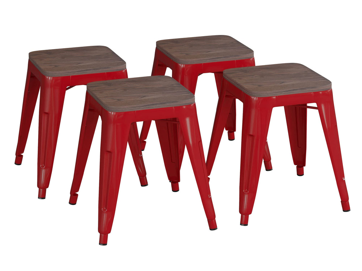 Flash Furniture Metal Dining Table Height Stool with Wooden Seat Set of 4 - Backless Red Kai Commercial Grade Stool - Kai 18&quot; Stackable Dining Chairs