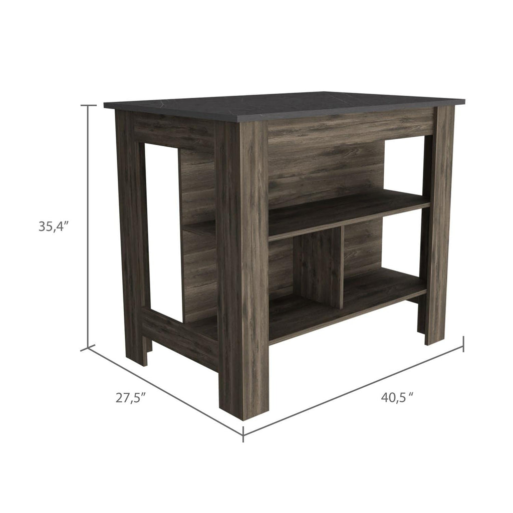 Kitchen Island, Kitchen Table 35" H, 4 Legs, 3 Open Storage Shelves, Dark Brown/Onix