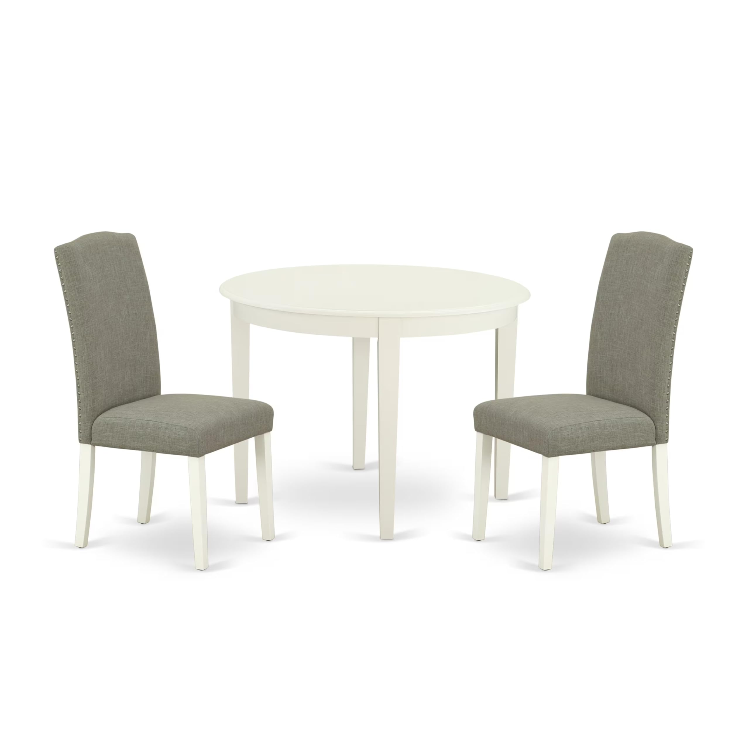 East West Furniture Boen3-Lwh-06 3 Piece Dining Room Furniture Set Contains A Round Kitchen Table And 2 Dark Shitake Linen Fabric Parson Dining Chairs, 42X42 Inch, Linen White