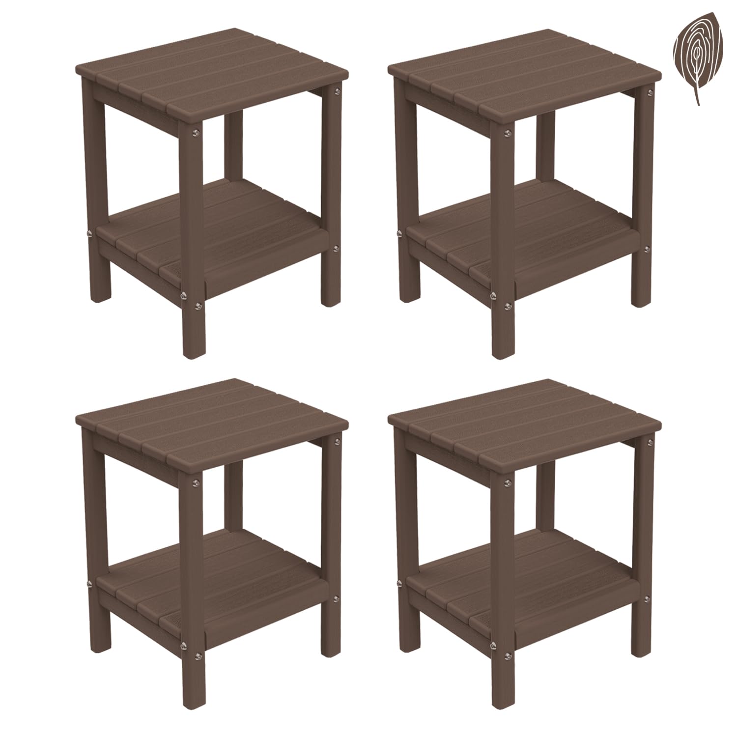 Greenvines Adirondack-Outdoor-Side-Table | Set Of 4 | Wood Grain | 14 X 13 Inches | Hdpe Plastic | All Weather | Dark Brown | Outside End Tables | Storage Shelf | For Patio