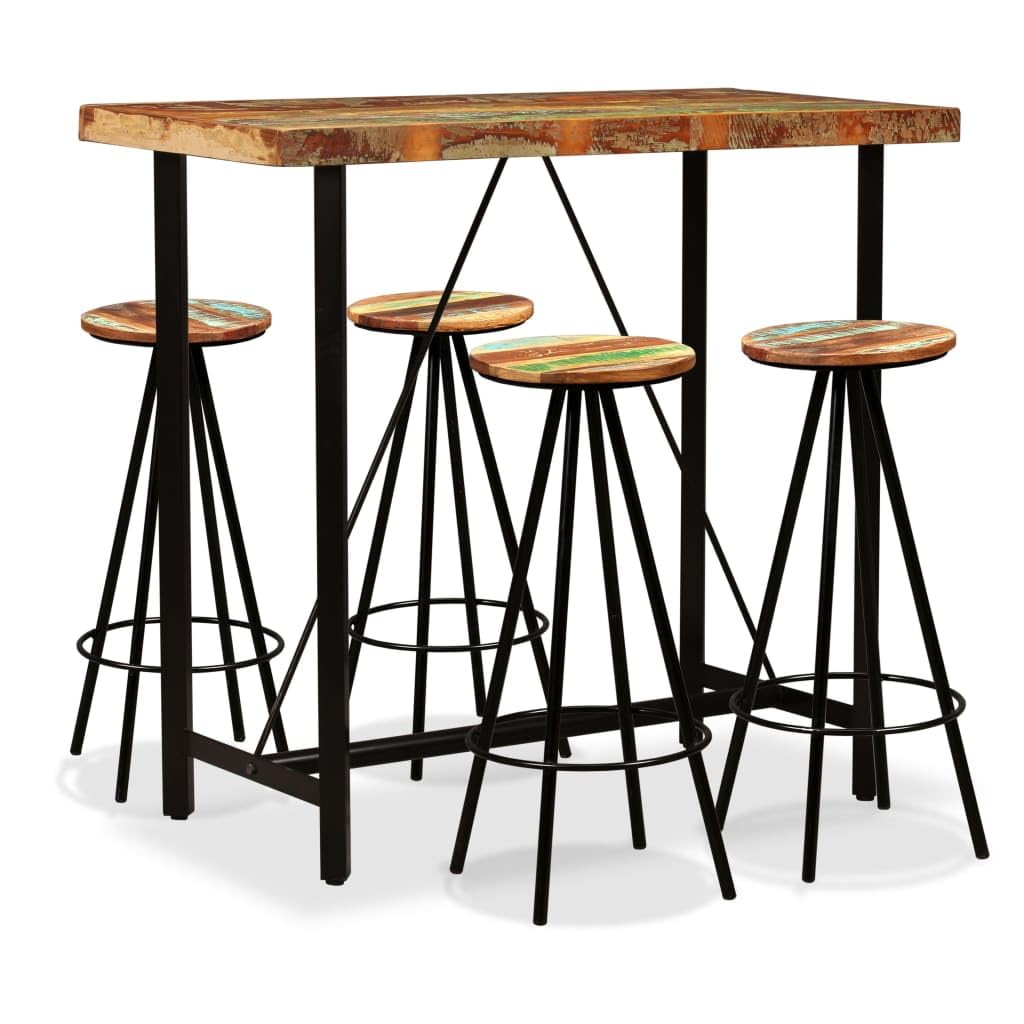 vidaXL Bar Set 5 Piece Heavy Duty Rustic Industrial High Stools Bistro Pub Restaurant Seating Set Solid Reclaimed Wood Steel