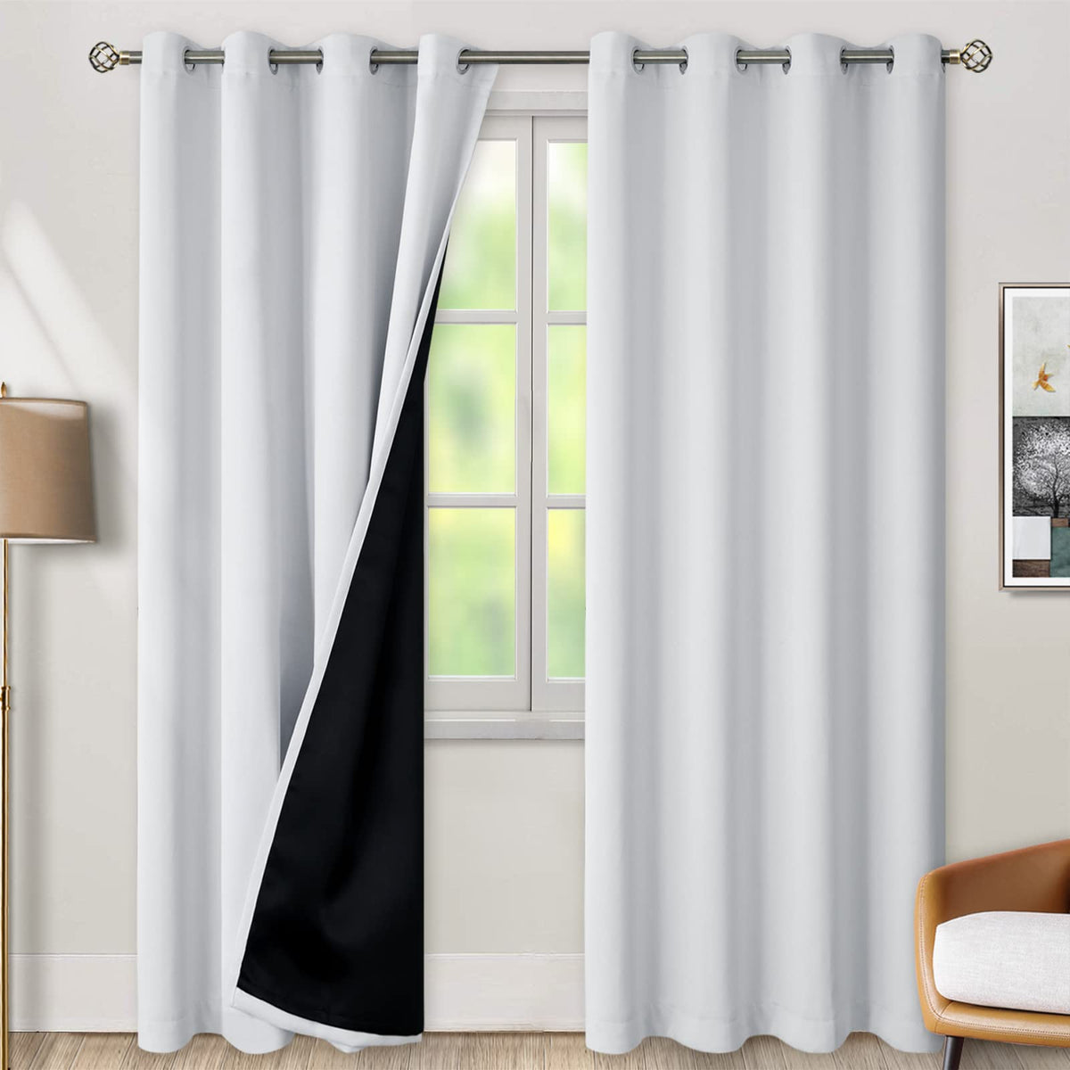 Bgment Greyish White 100% Blackout Curtains For Living Room 90 Inch Length 2 Panels, Thermal Insulated Full Light Blocking Energ