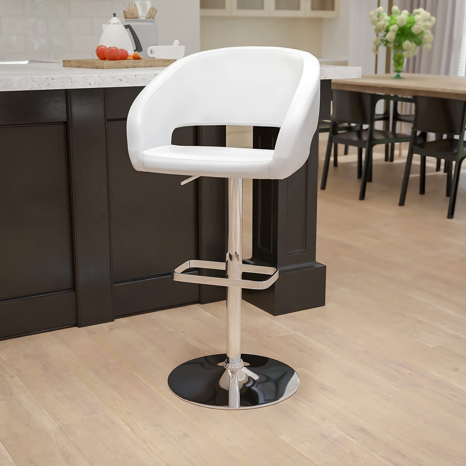 Flash Furniture Erik Contemporary Adjustable Height Barstool with Footrest and Rounded Mid-Back, Upholstered Bar or Counter Height Stool, White/Chrome
