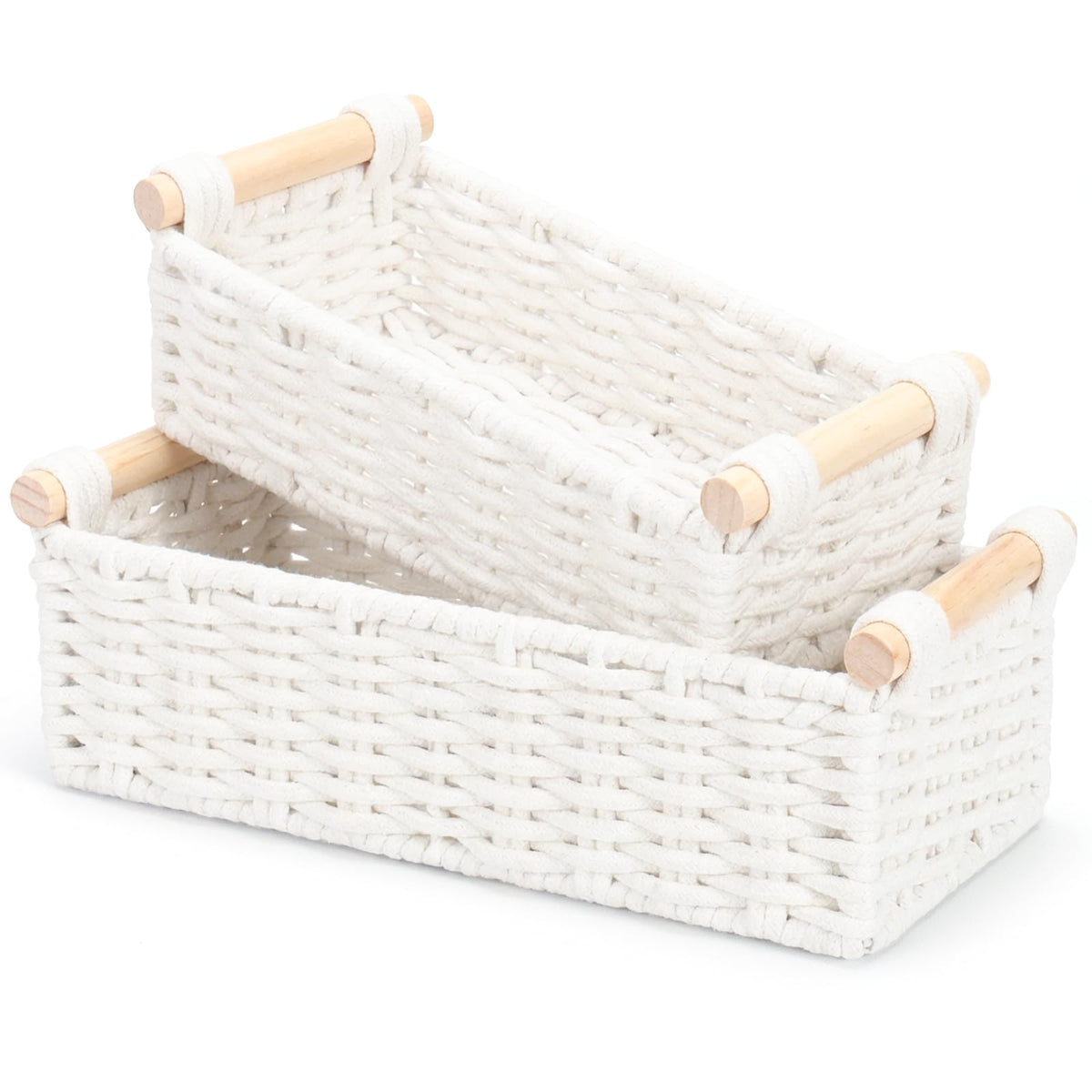 Boho Cotton Rope Storage Baskets Set of 2, Woven Wicker Organizer Bins with Wooden Handles, Small Decorative Boxes for Organizin