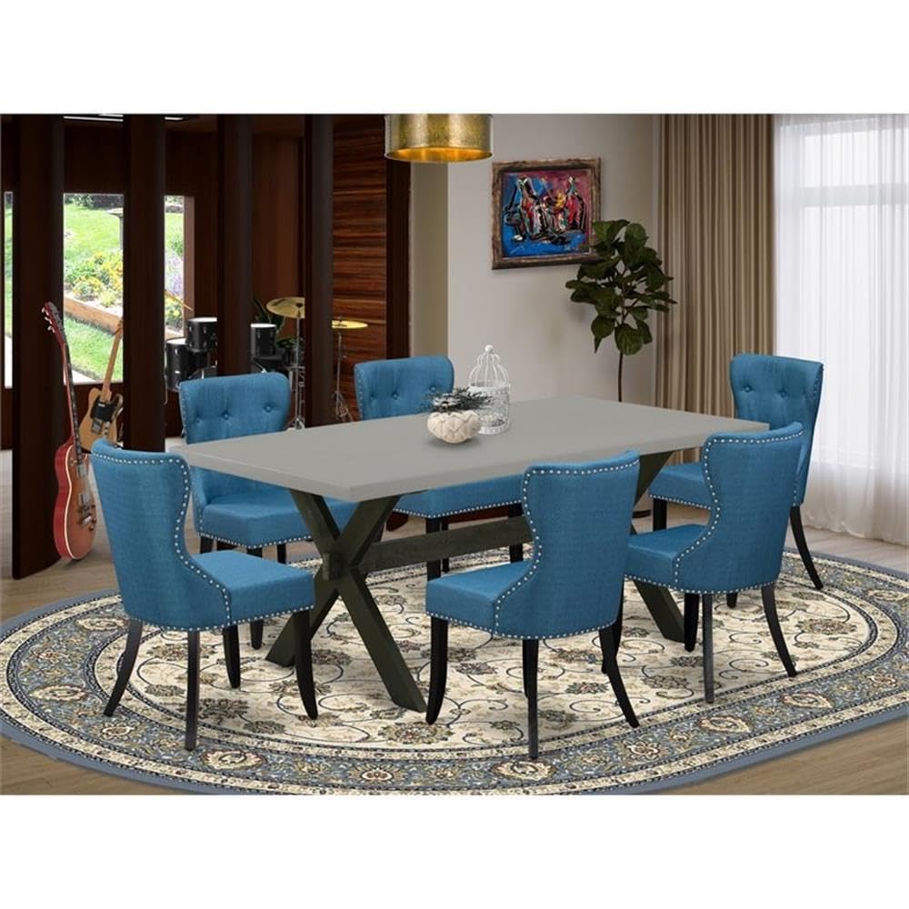 East West Furniture X697Si121-7 7 Piece Dining Room Table Set Consist Of A Rectangle Dining Table With X-Legs And 6 Blue Linen Fabric Upholstered Parson Chairs, 40X72 Inch, Multi-Color