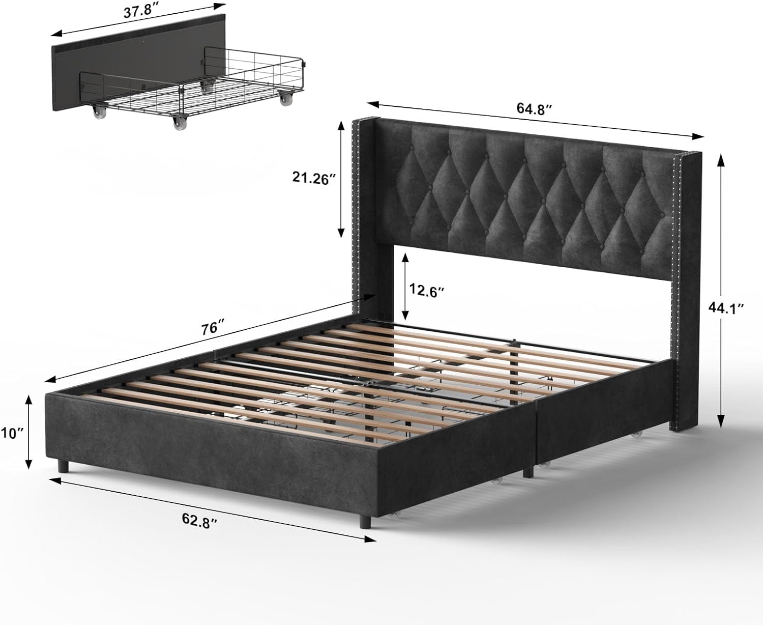Woodpeckers Furniture And Mattress Amelia 4-Drawer Velvet Platform Bed (Black, Queen (U.S. Standard))