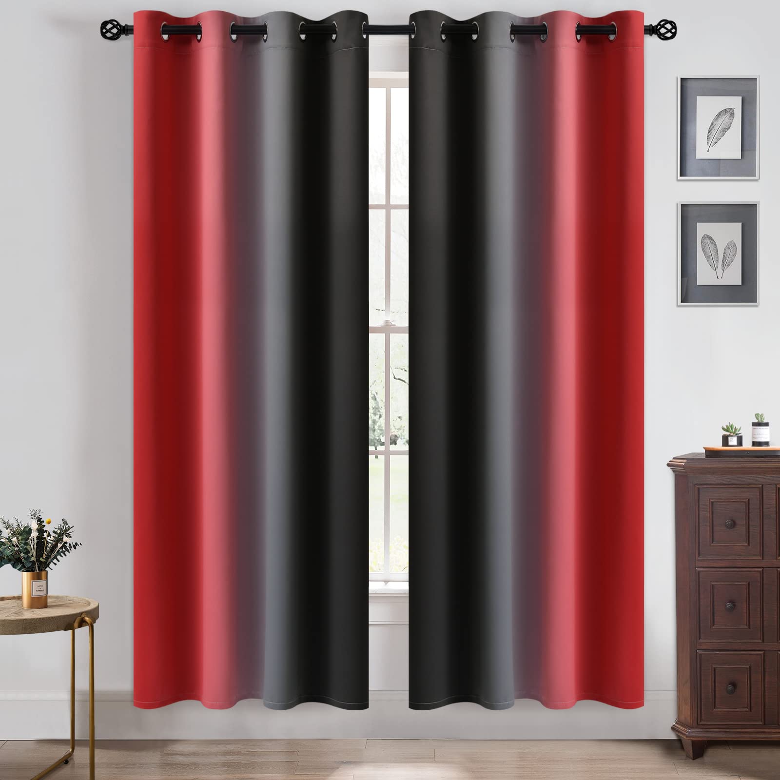 Yakamok Blackout Ombre Black And Red Curtains For Bedroom,Room Darkening Grommet Thermal Insulated Full Light Blocking Window Dr