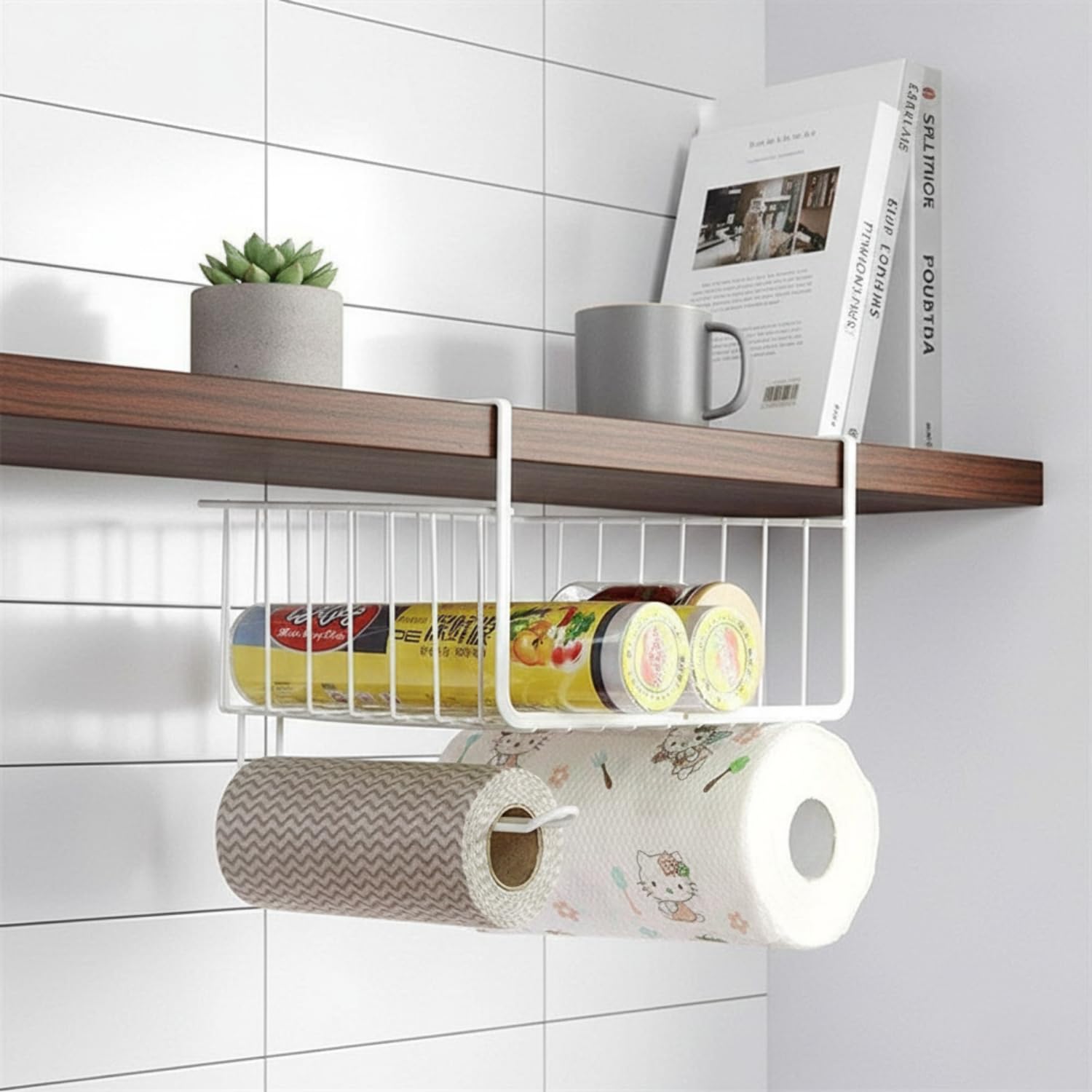 Homely Get Crafty Under Shelf Storage Basket With Tissue Roll Holder Metal Hanging Organizer Rack For Kitchen Cabinet Pantry Bat