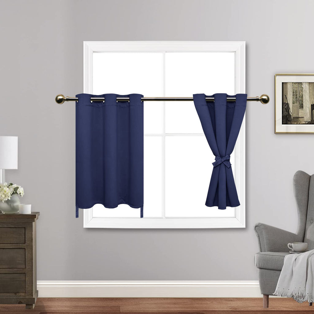 Jiuzhen Short Curtains Kitchen Half Window Blackout Curtains With Tiebacks For Baseroom Shadows, Grommet Curtains For Living Room, Set Of 2 Window Curtain Panels, 42 X 30 Inch Length,Navy Blue