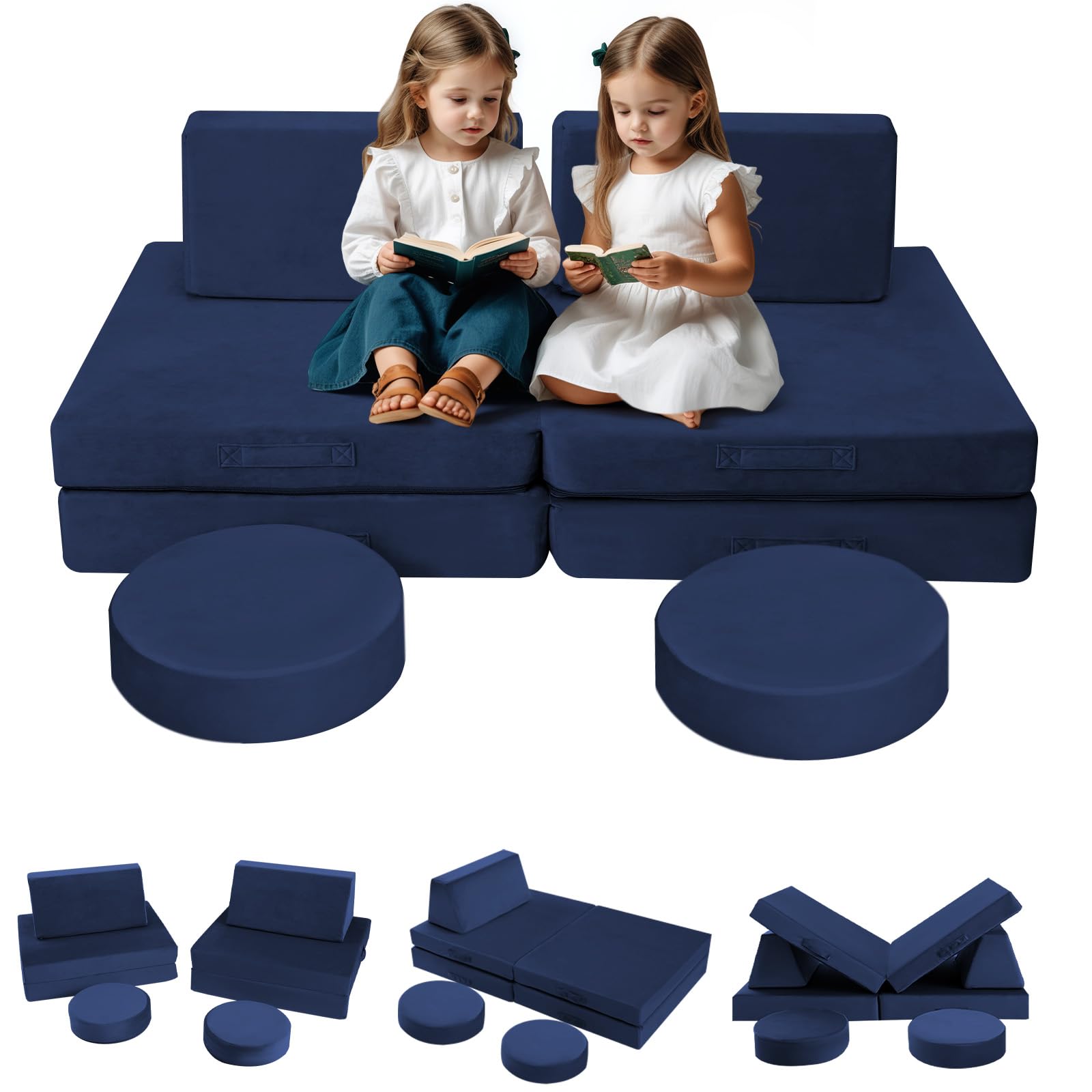 MeMoreCool Kids Couch for Playroom, Modular Play Couch for Toddlers, Navy Building Foam Fort Explorer Sofa