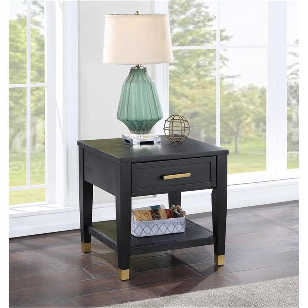 Steve Silver Furniture Modern Black End Brushed Brass Accents, Storage Drawer & Bottom Shelf-Ash Veneers Table, 24 x 22 x 24