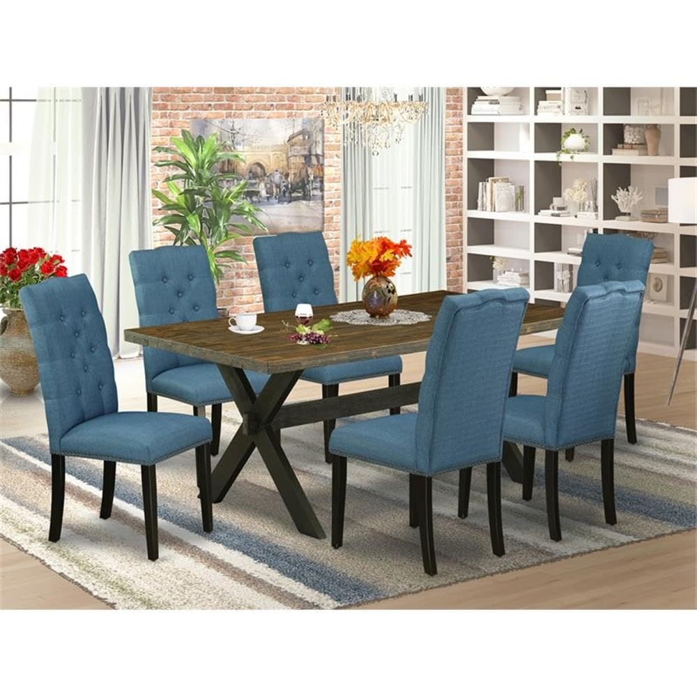 East West Furniture X677El121-7 7 Piece Dining Table Set Consist Of A Rectangle Dining Room Table With X-Legs And 6 Blue Linen Fabric Upholstered Parson Chairs, 40X72 Inch, Multi-Color