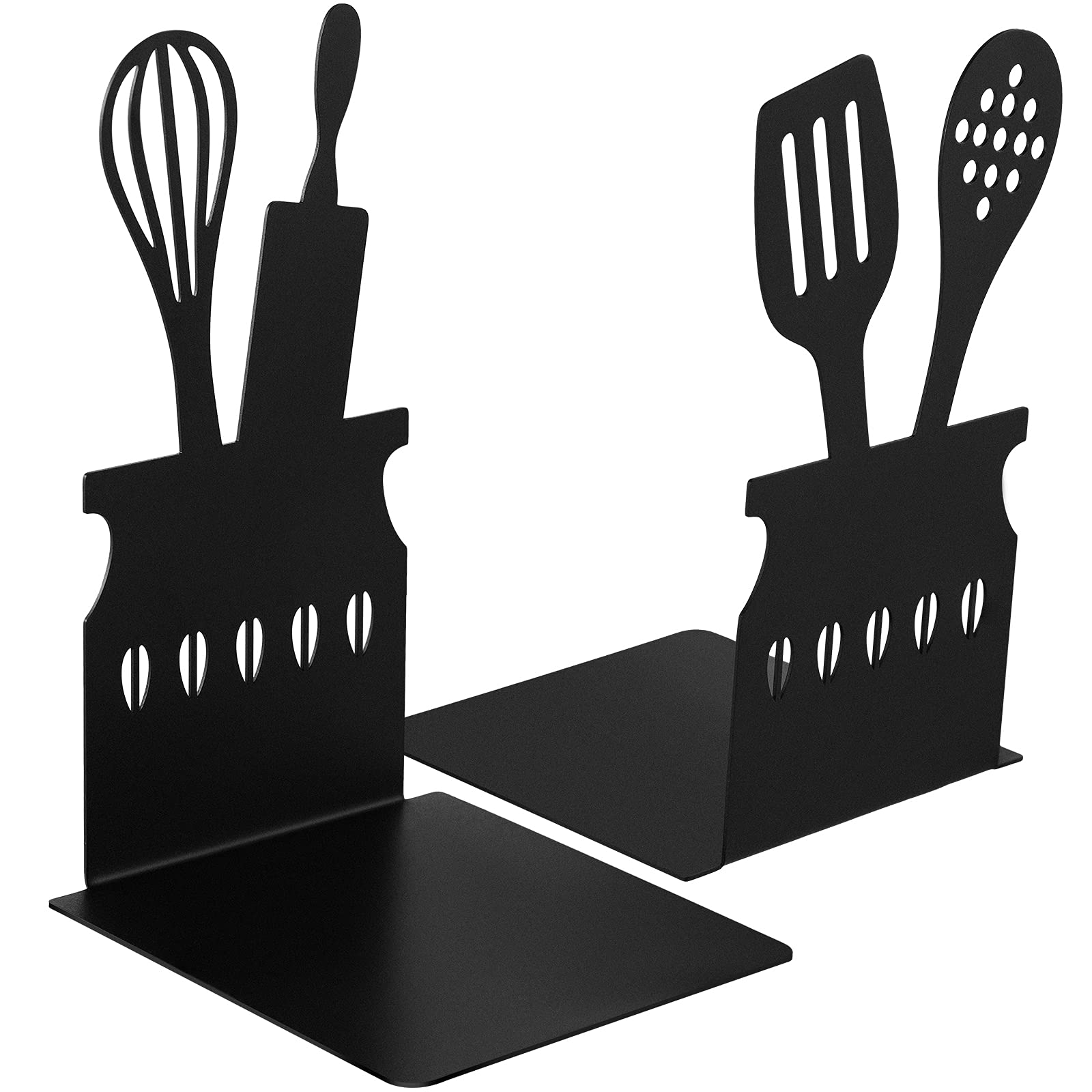 Black Kitchen Bookends 5.9 x 3.9 x 3.9 Inch Spoon Decorative Cookbook Metal Book Ends with Non-Slip Mat Metal Cookbook Storage B