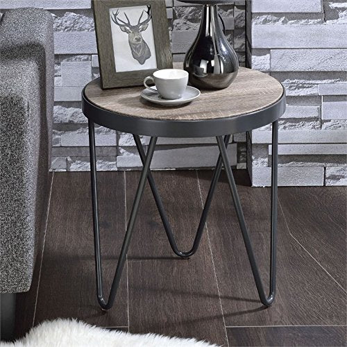 Acme Bage Round Wooden Top End Table In Weathered Gray Oak