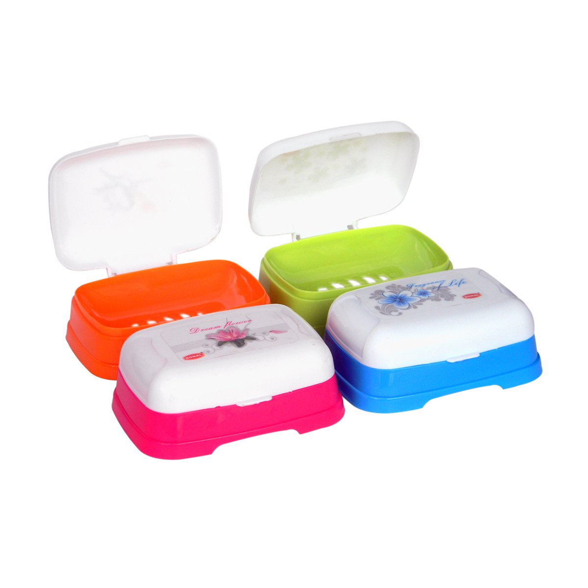 Sonal Attractive Multi Colour Plastic Flip Open Lid Soap Case / Soap Dish / Soap Storage Box  Set of 4 pcs