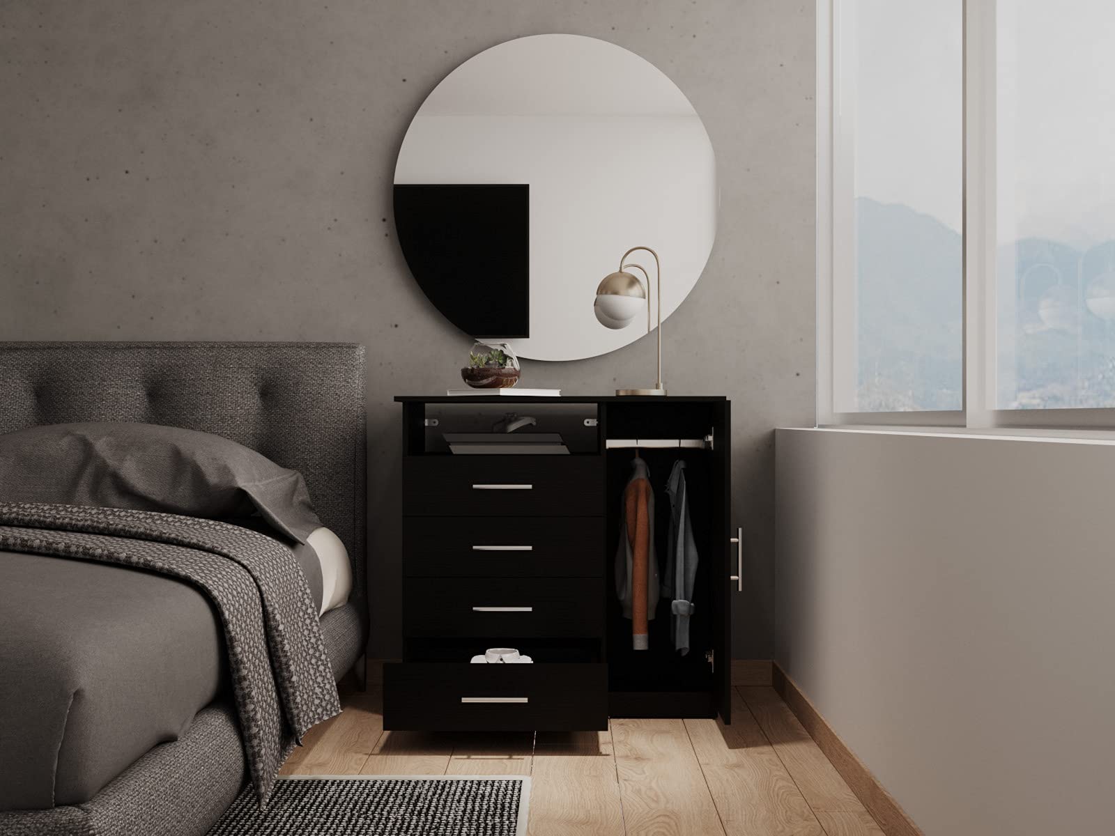 Depot E-Shop Rioja 4 Drawer Dresser with One Open Shelf, Superior Top, and Single Door Cabinet, Black, Bedroom