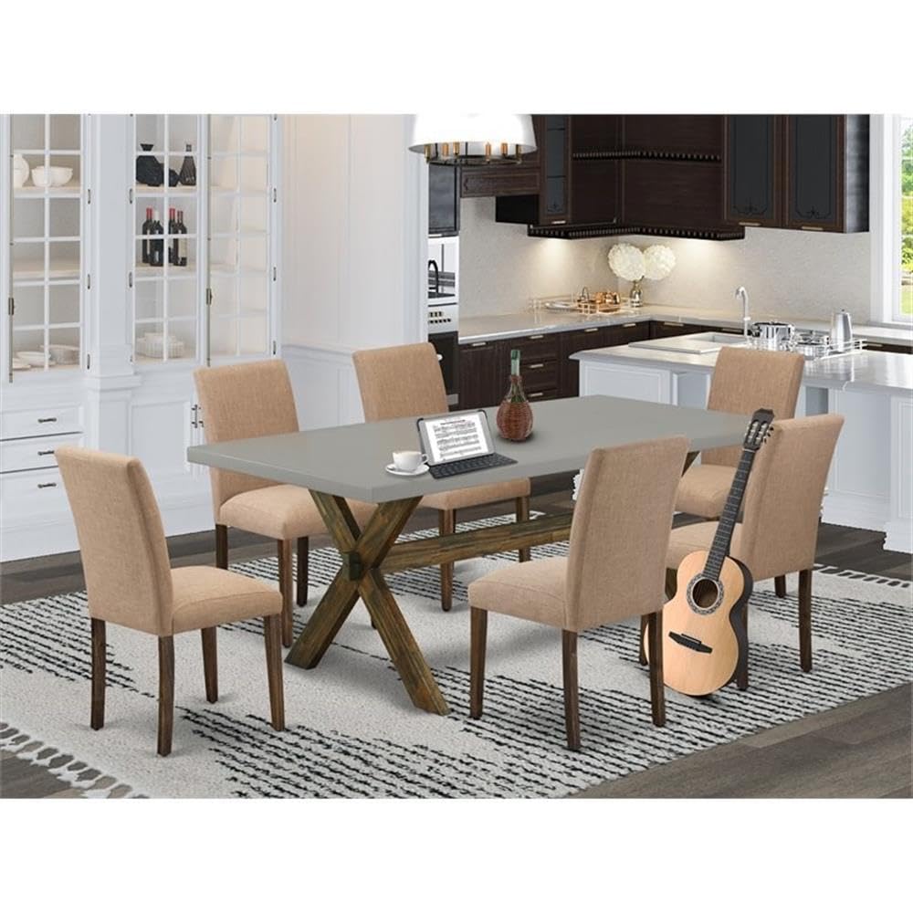 East West Furniture X797Ab747-7 7 Piece Dining Table Set Consist Of A Rectangle Dining Room Table With X-Legs And 6 Light Sable Linen Fabric Upholstered Chairs, 40X72 Inch, Multi-Color